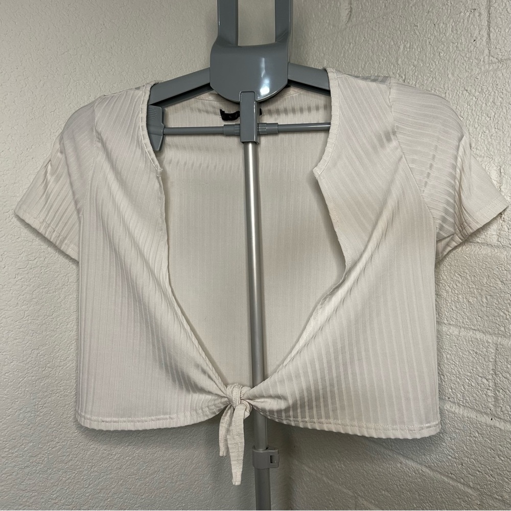 White Crop Top Shirt Cardigan Ballet Core, Beach or Gym Cover Up with Front Tie